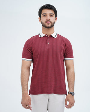 TEXTURED RIB KNIT WHITE STRIPED COLLAR POLO SHIRT