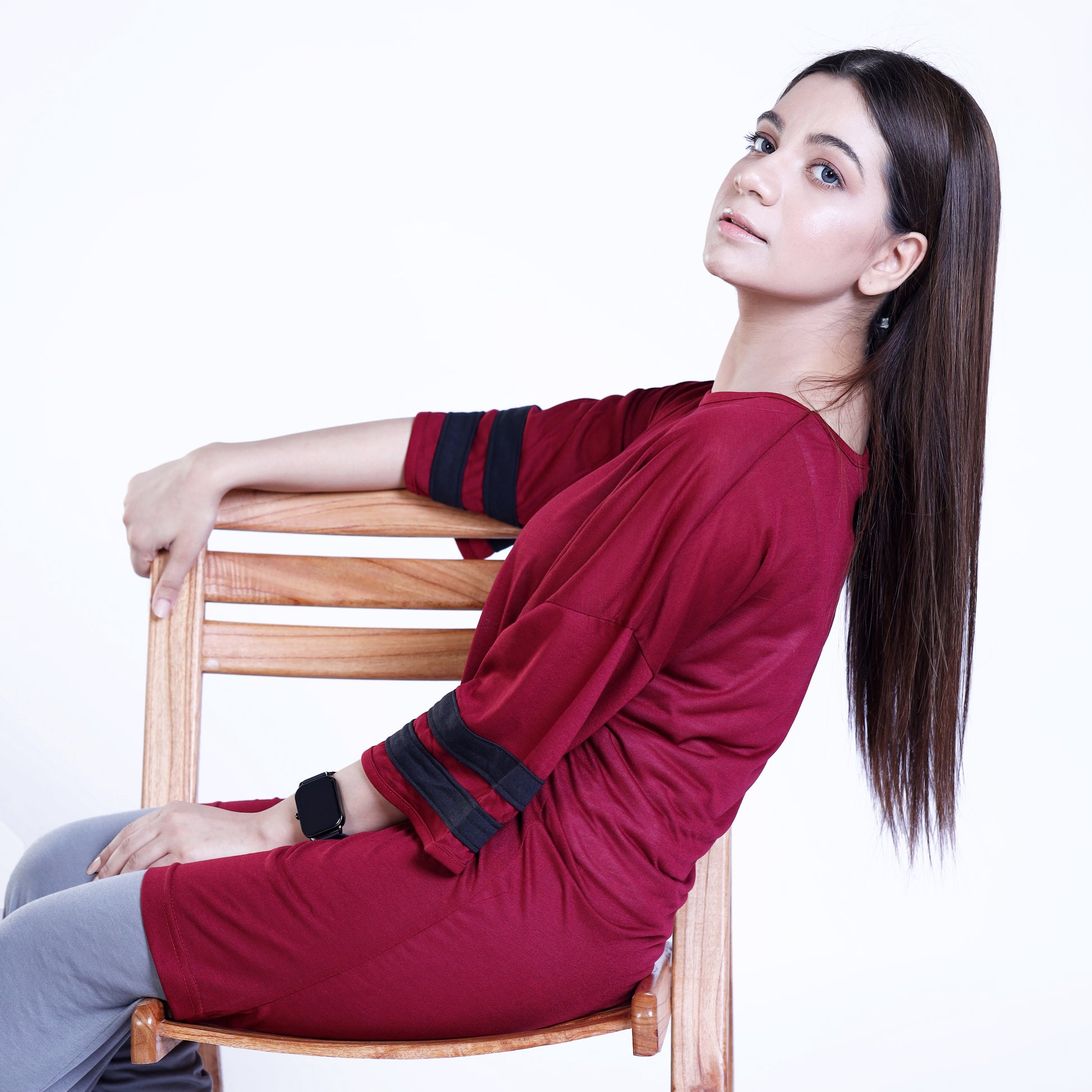 Women's LVNO Sleeve Panelled Maroon Shirt