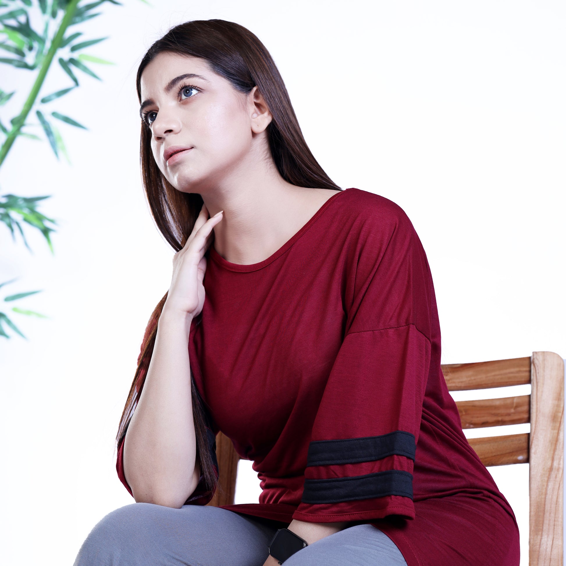 Women's LVNO Sleeve Panelled Maroon Shirt