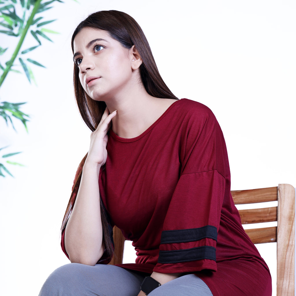 Women's LVNO Sleeve Panelled Maroon Shirt