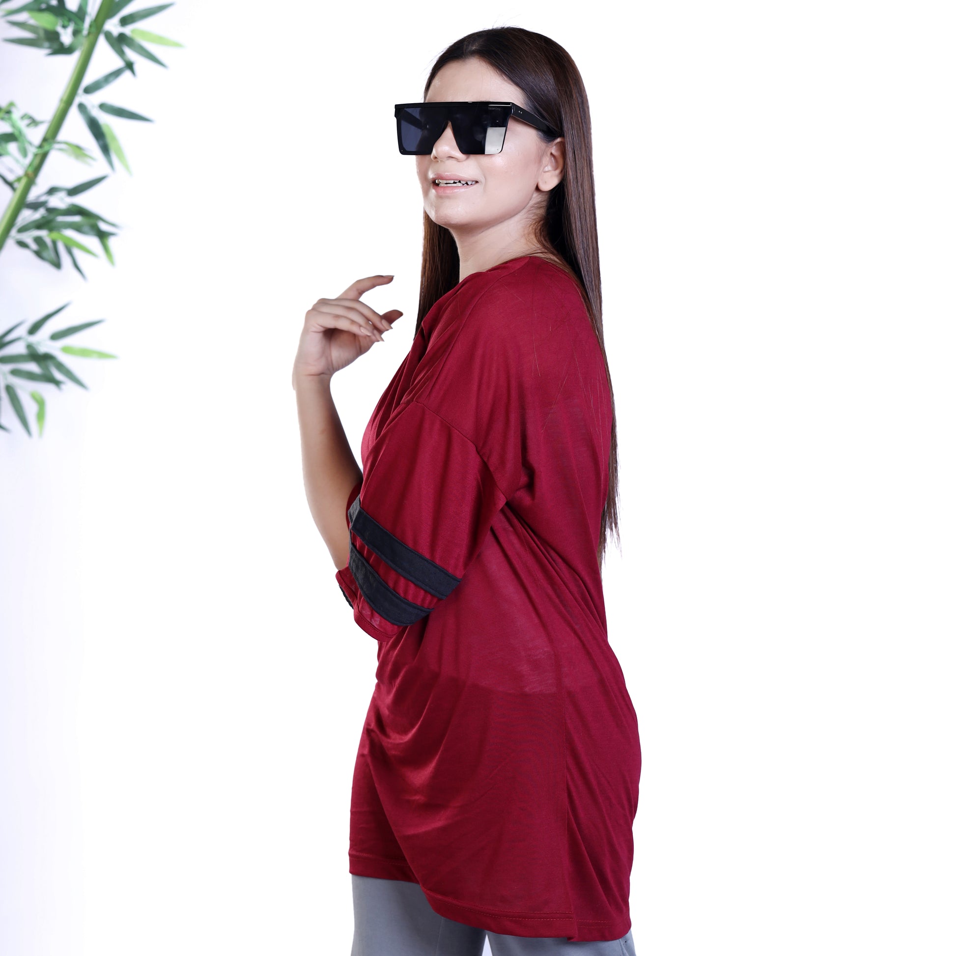 Women's LVNO Sleeve Panelled Maroon Shirt
