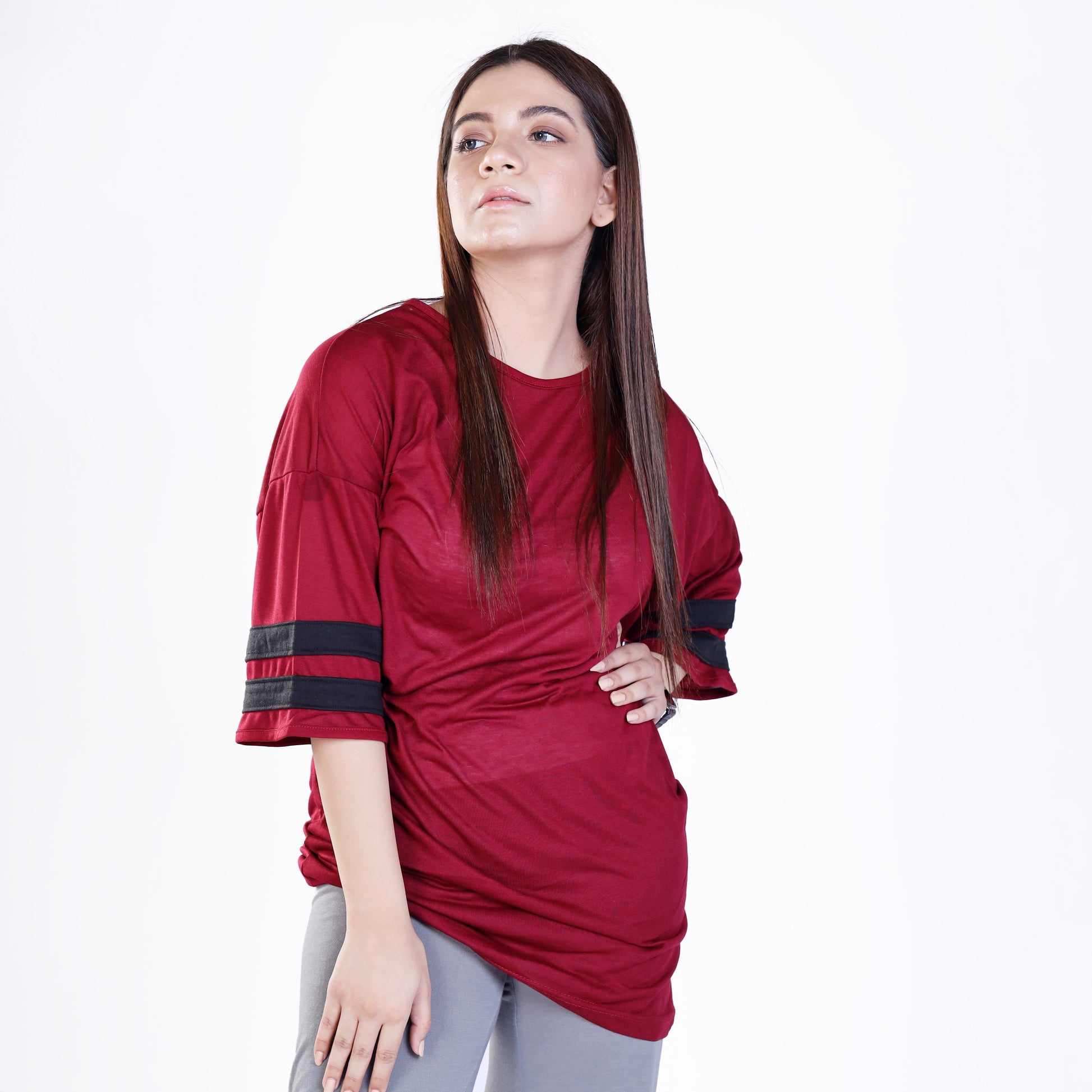 Women's LVNO Sleeve Panelled Maroon Shirt