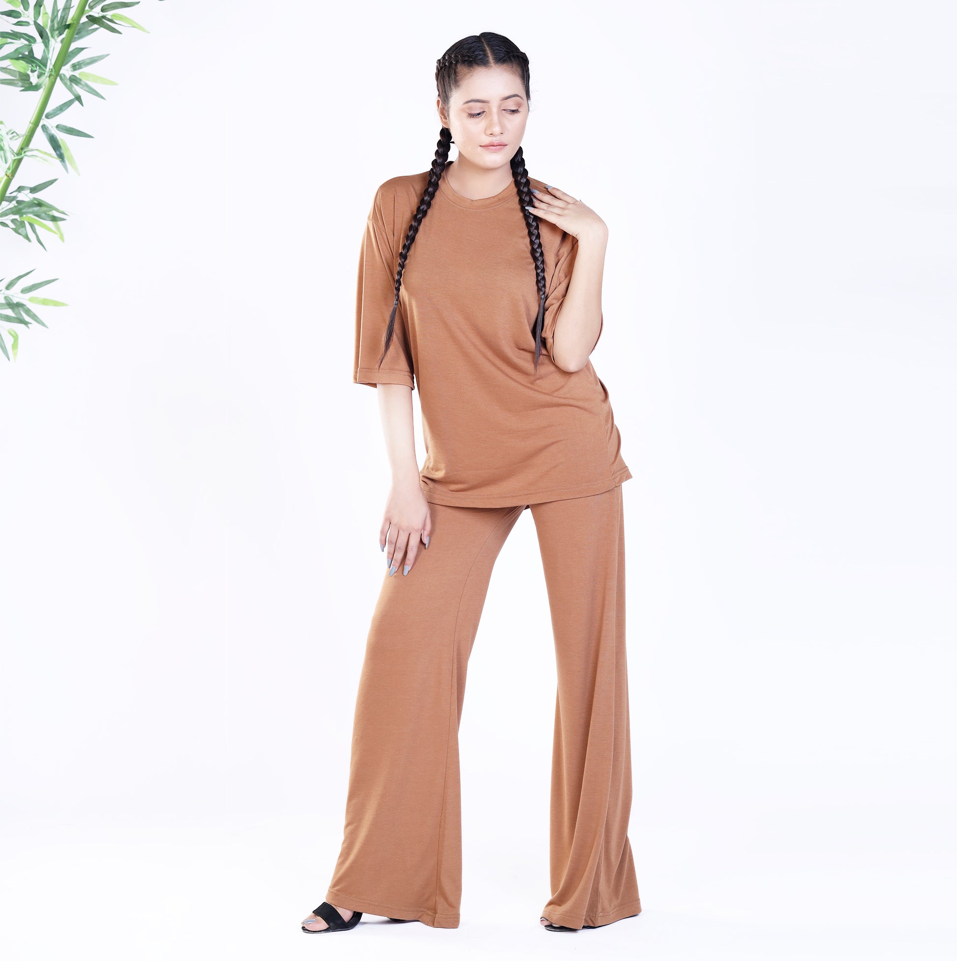 Brown Mid Sleeve Co Ord Set