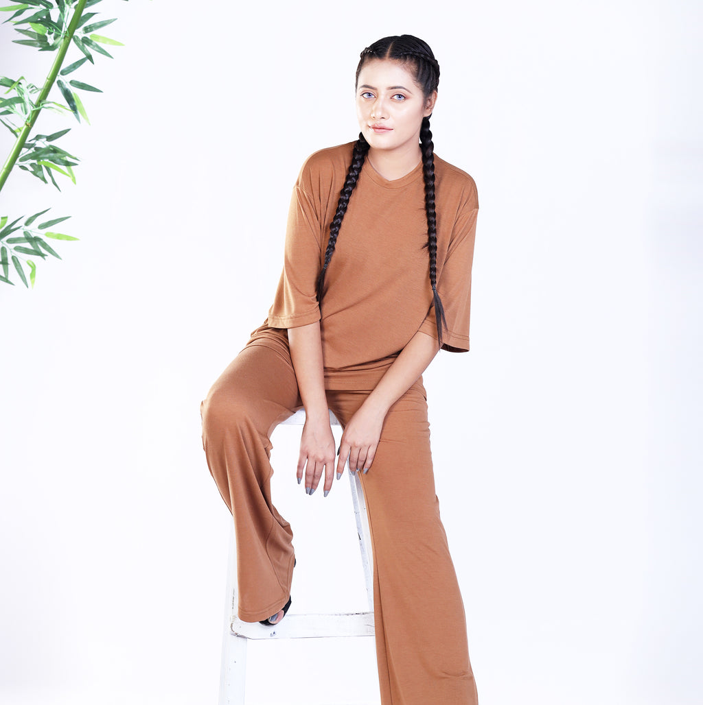 Brown Mid Sleeve Co Ord Set