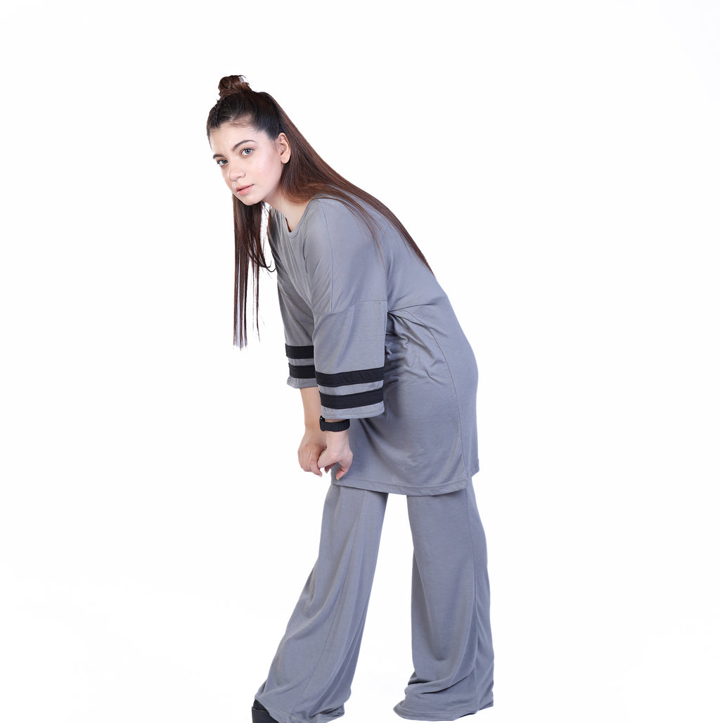 Grey Sleeve Striped Co Ord Set