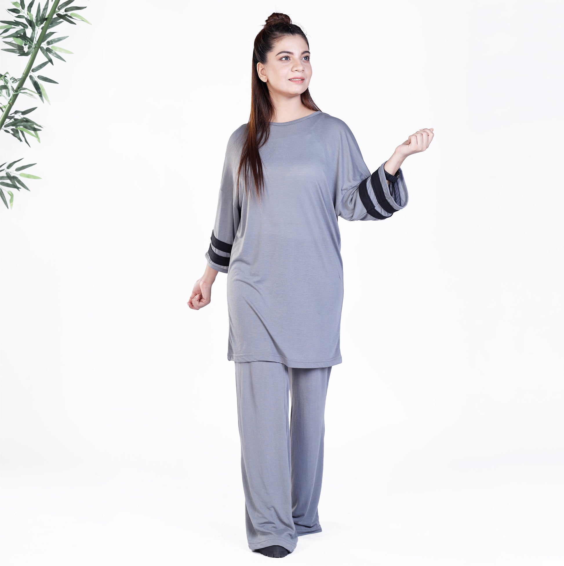 Grey Sleeve Striped Co Ord Set