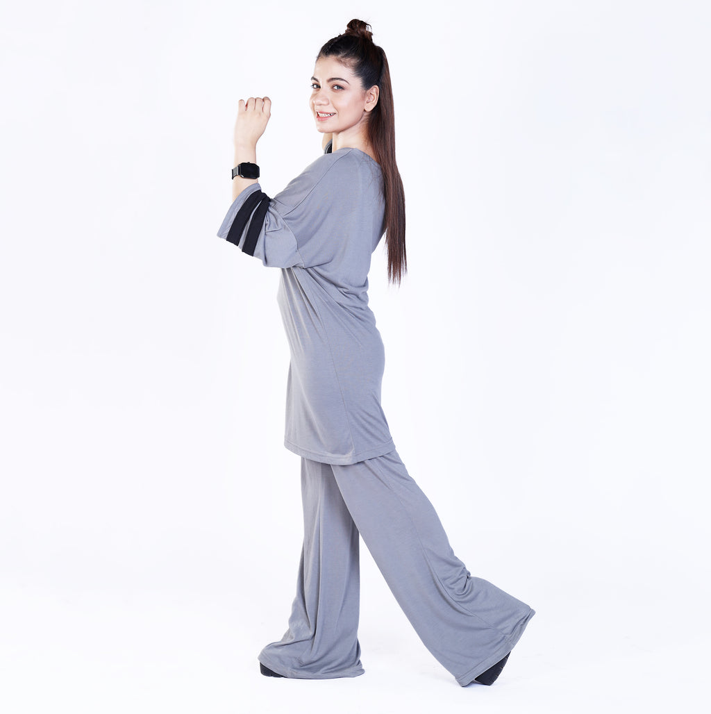 Grey Sleeve Striped Co Ord Set