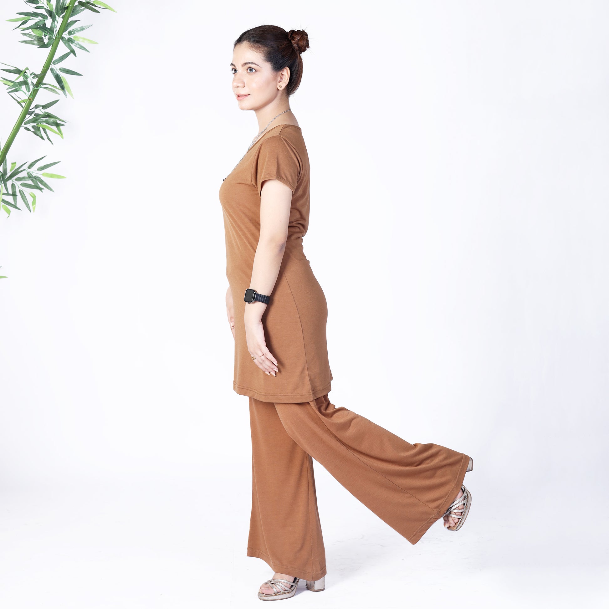 Brown Short Sleeve Loungewear Set