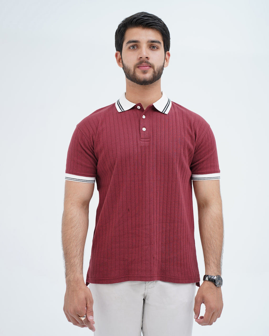 TEXTURED RIB KNIT WHITE STRIPED COLLAR POLO SHIRT