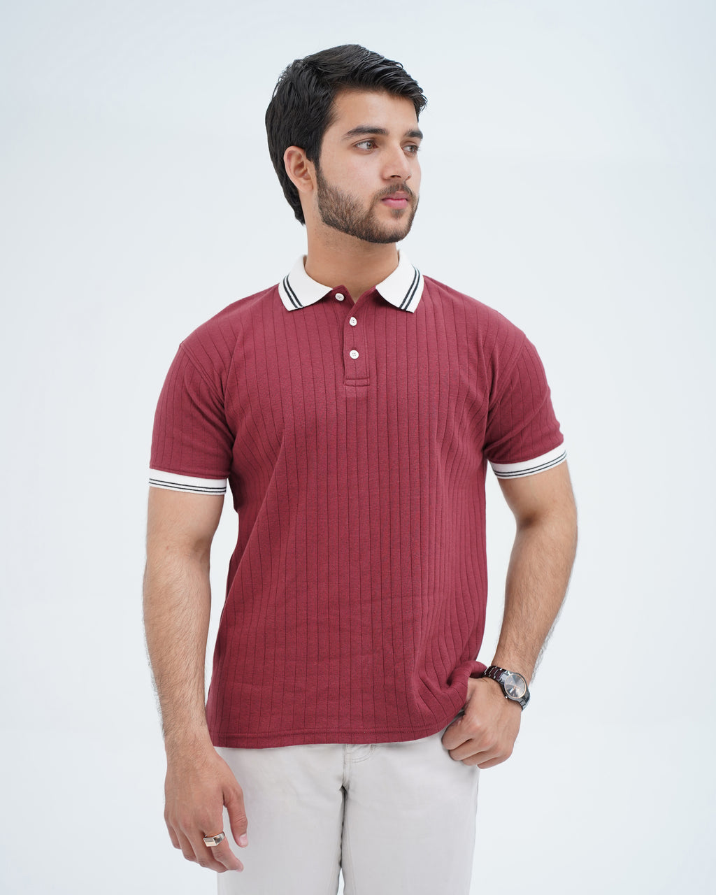 TEXTURED RIB KNIT WHITE STRIPED COLLAR POLO SHIRT
